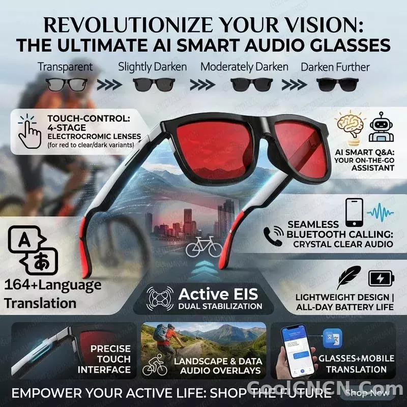 CoolWiz Smart Glasses — Touch Control, Electrochromic AI, Male/Female Options, AI Voice (ChatGPT), Supports 164+ Languages for Video Calls and Translation, Waterproof, Suitable for Outdoor Sports and Daily Use - detail