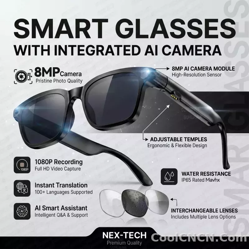 CoolWiz Smart Sports Glasses for Men – New Business Model, 8MP Camera, Anti-Shake, 100+ Language Translations via ChatGPT AI Assistant, POV Video Glasses, AI Glasses for Outdoor Sports and Daily Use - detail