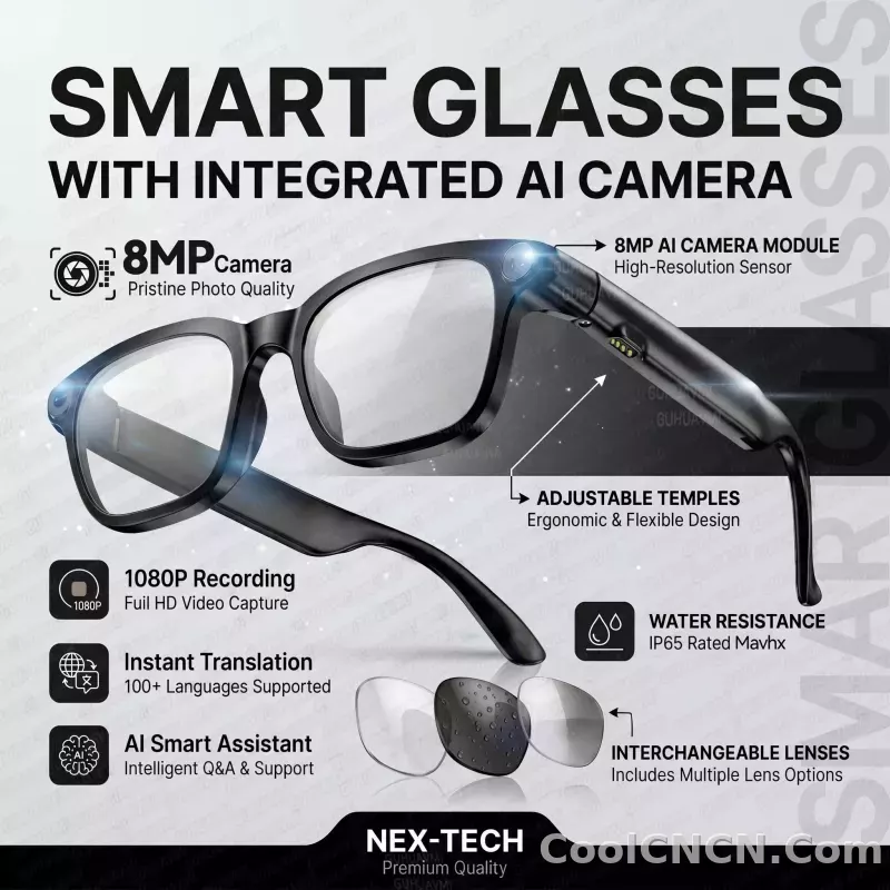 CoolWiz Smart Sports Glasses for Men – New Business Model, 8MP Camera, Anti-Shake, 100+ Language Translations via ChatGPT AI Assistant, POV Video Glasses, AI Glasses for Outdoor Sports and Daily Use - detail