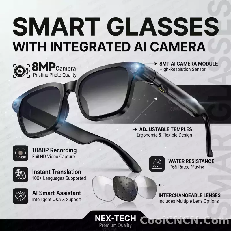 CoolWiz Smart Sports Glasses for Men – New Business Model, 8MP Camera, Anti-Shake, 100+ Language Translations via ChatGPT AI Assistant, POV Video Glasses, AI Glasses for Outdoor Sports and Daily Use - detail