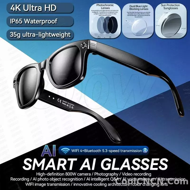 CoolWiz New4K Ultra HD AI Glasses for Men, Chat Function, IP65 Waterproof, AI Voice Assistant, 800W Camera, Bluetooth Calling Smart Glasses for Outdoor Sports and Daily Use - detail