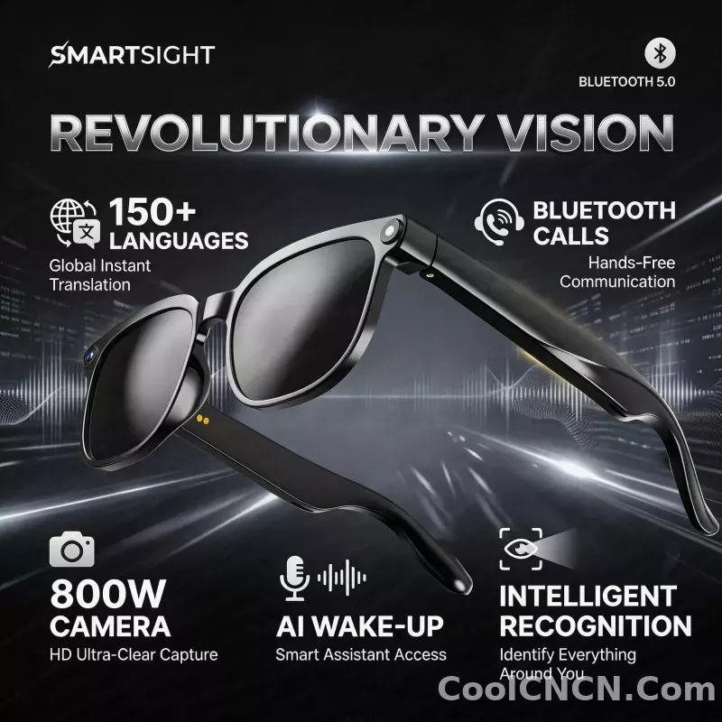 CoolWiz AI Smart Glasses for New Vlog, 1080p HD video recording, ChatGPT call support, Bluetooth calling, 100+ music players, translation features, black glasses for men, suitable for outdoor sports and everyday use - detail