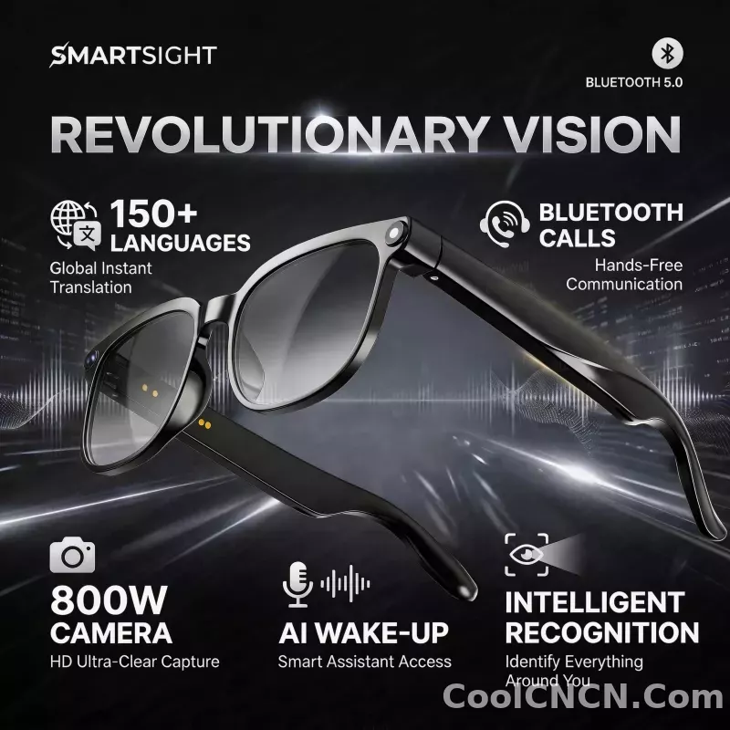CoolWiz AI Smart Glasses for New Vlog, 1080p HD video recording, ChatGPT call support, Bluetooth calling, 100+ music players, translation features, black glasses for men, suitable for outdoor sports and everyday use - detail