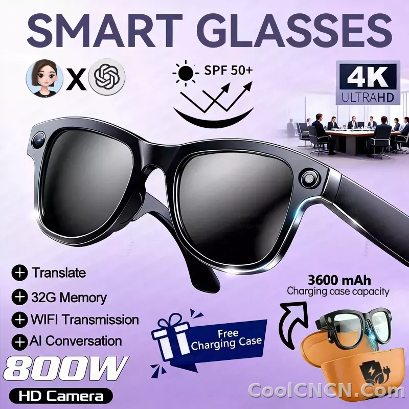 CoolWiz Smart Glasses Baru 3600MAh Pengecas Mudah Alih M02ultra Wanita 800W Kamera AI Terjemahan Rakaman Video Pemain Muzik Cermin Mata Panggilan Lelaki Untuk Sukan Luar Penggunaan Harian - detail