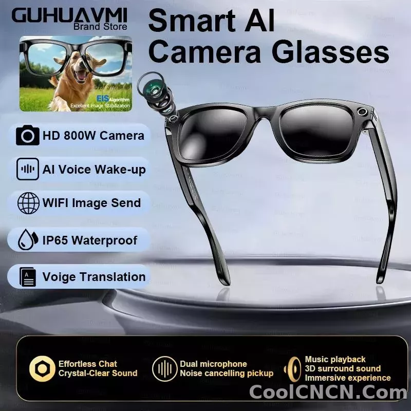 CoolWiz smart glasses with a 1080P video camera, black sunglasses, Bluetooth call translation, music playback, recording, men’s photochromic glasses for outdoor sports and everyday use - detail