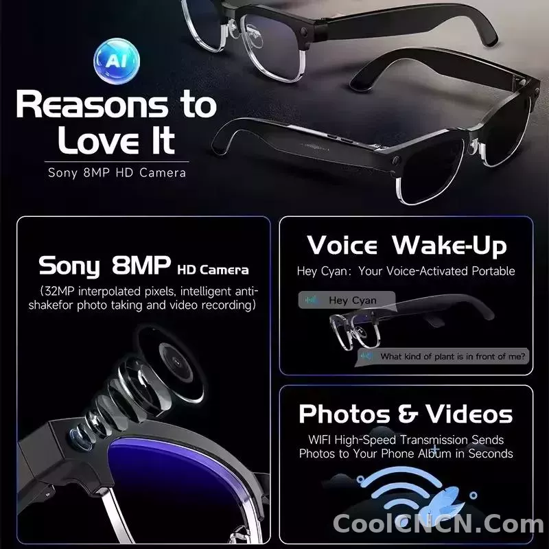 CoolWiz New AI Smart Glasses — 120+ Language Translations, 8MP Camera, 8K Resolution, Video & Music Playback, Business Calls, Color‑Changing Lenses, for Men, suitable for outdoor sports and everyday use - detail