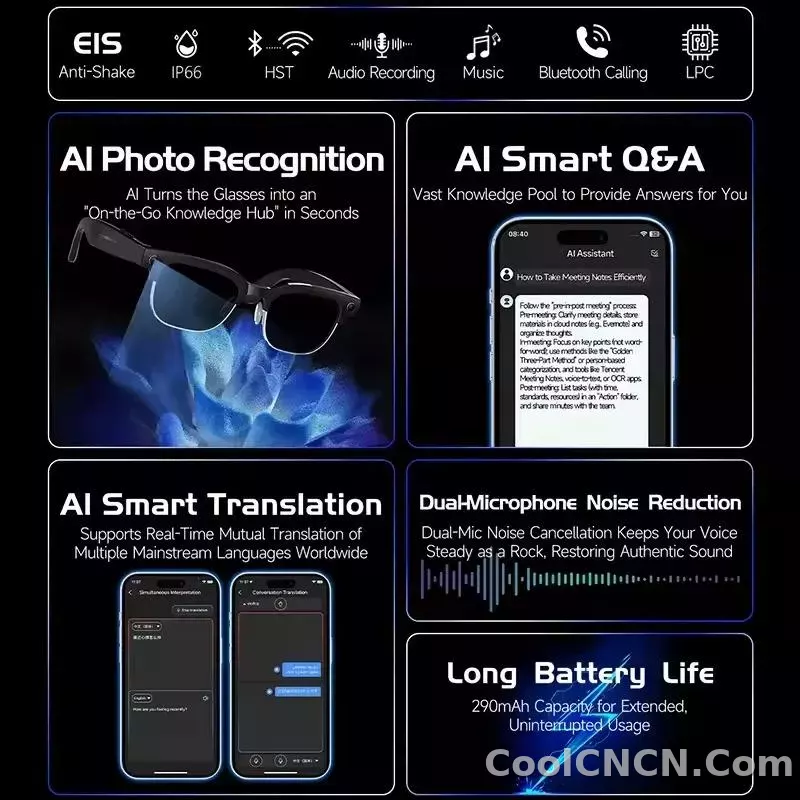 CoolWiz New AI Smart Glasses — 120+ Language Translations, 8MP Camera, 8K Resolution, Video & Music Playback, Business Calls, Color‑Changing Lenses, for Men, suitable for outdoor sports and everyday use - detail