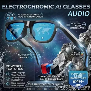 CoolWiz Smart Glasses with Audio, Electrochromic Lenses, Touch Controls, 4 New Speed Levels, 164+ Language Translations, Bluetooth Calling, Blackout Sunglasses, Music, ChatGPT — for outdoor sports and everyday use - view 1