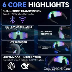 CoolWiz WiFi smart 8MP camera glasses for men, 1080p HD video recording, 32GB storage, polarized sunglasses with AI voice dialogue translation, suitable for sports and outdoor daily use - view 3