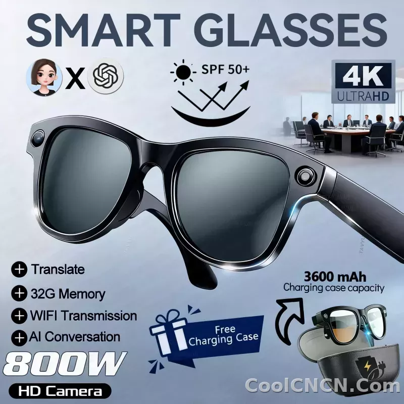 CoolWizNew 3600MAh Sarung Pengecas Cermin Mata Pintar AI Lelaki 800W Kamera Pixel 1080P Video POV 100+Terjemahan Pembantu AI Cermin Mata Hitam IOS Untuk Sukan Luar Penggunaan Harian - detail