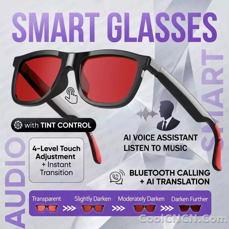 CoolWiz Cermin Mata Pintar Audio Lensa Elektrochromic Sentuhan 4 Kelajuan Baharu 164+Terjemahan Bahasa Panggilan Bluetooth Cermin Mata Hitam Muzik ChatGPT Untuk Sukan Luar dan Penggunaan Harian - detail