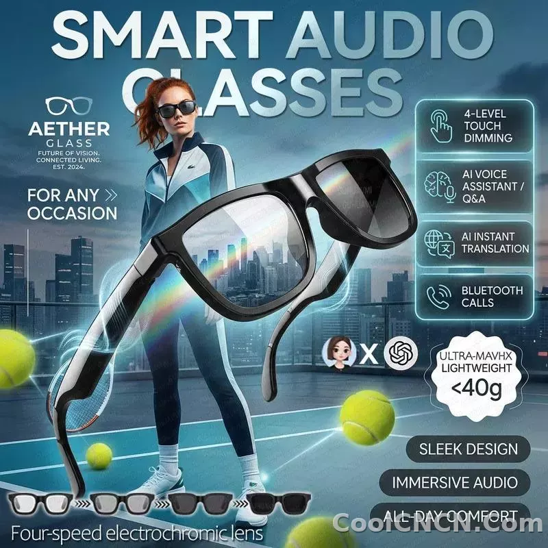 CoolWiz Cermin Mata Pintar Bluetooth 4 Tahap Elektrochromic AI Baharu ChatGPT 164+Terjemahan Bahasa Muzik Panggilan Bebas Tangan Cermin Mata Hitam Untuk Sukan Luar Penggunaan Harian - detail