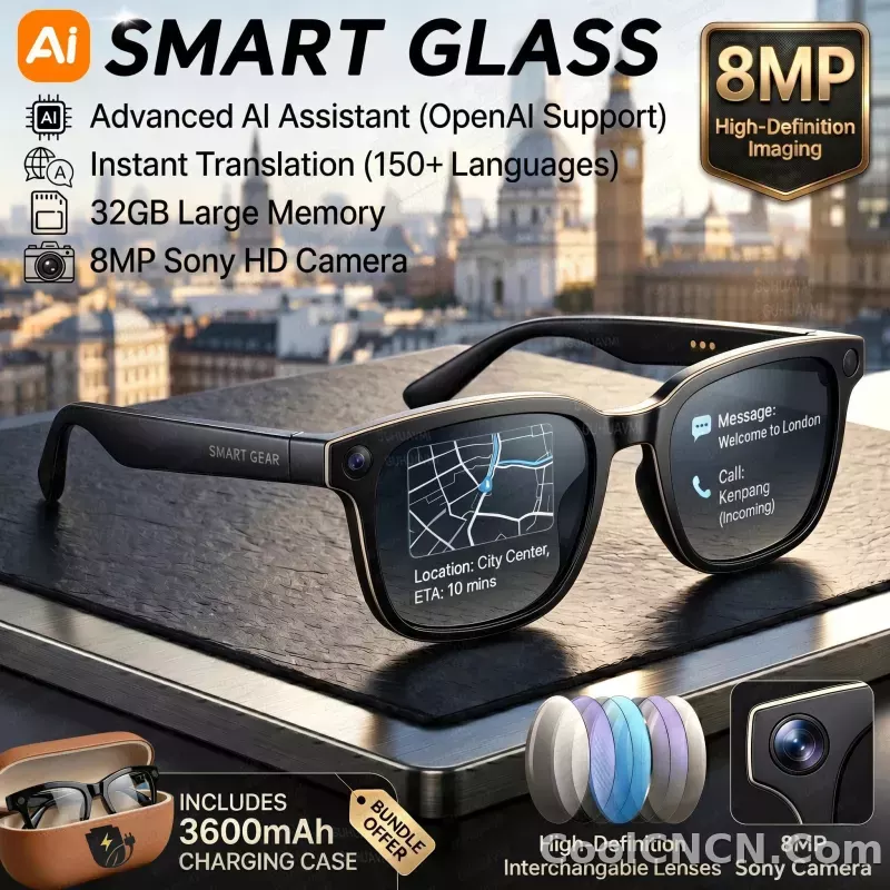 2026New 8MP 4K HD Camera AI Glasses Men 3600mAh Power Bank 32G Memory 160+ Translation Glasses Waterproof Smart Sunglasses Women