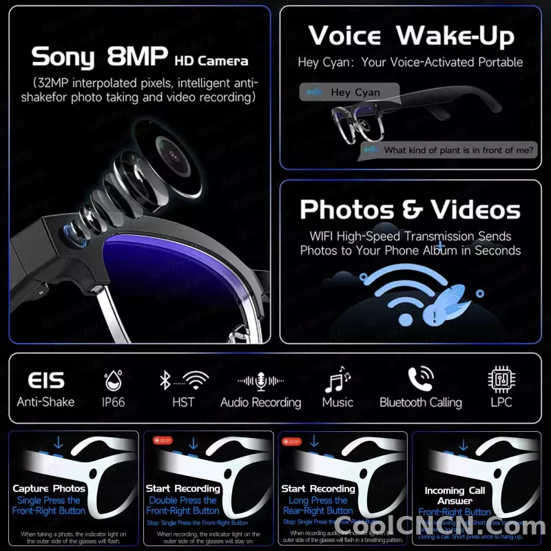 2026New AI Smart Glasses 800W Pixel Camera Various Language Translation Video Music BT Call Business 4K Color Change Glasses Men - detail