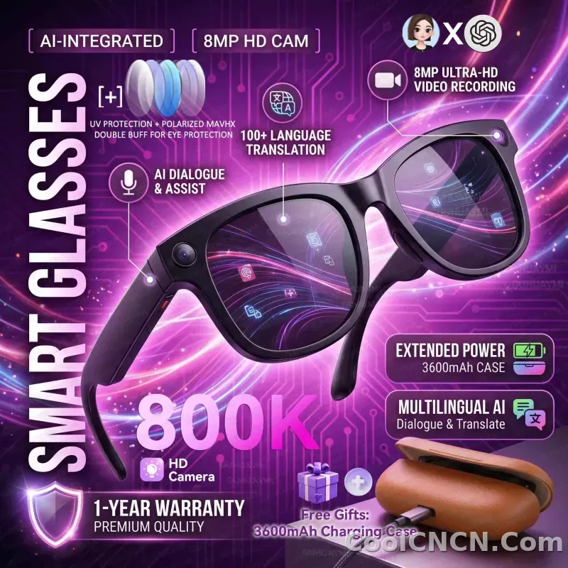 2026 AI Smart Glasses M02 Ultra 1080P HD Camera ChatGPT 3600mAh Charging 800W Camera 32GB Translation Music POV Video Sunglasse