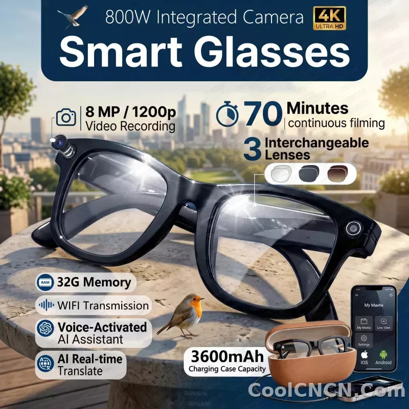 2026 New 3600mAh Battery AI Glasses Men 800W 4k Camera 32G Memory Photos&Video 160+Translation ChatGPT Music Smart Glasses Women