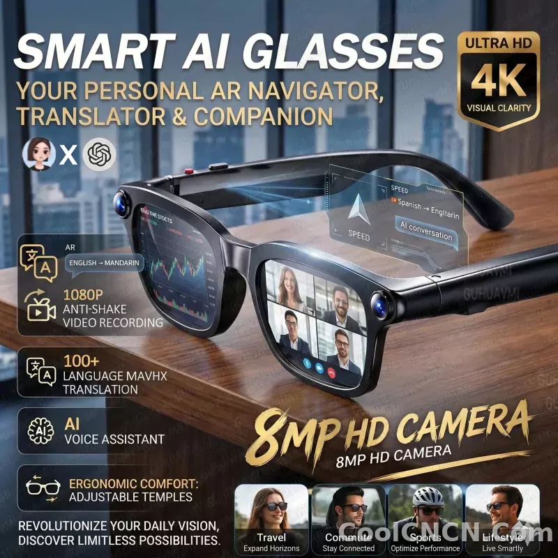 New Business Sports Smart Glasses Men 8MP Anti-shake Camera 100+Language Translation ChatGPT AI Assistant Video POV AI Sunglass