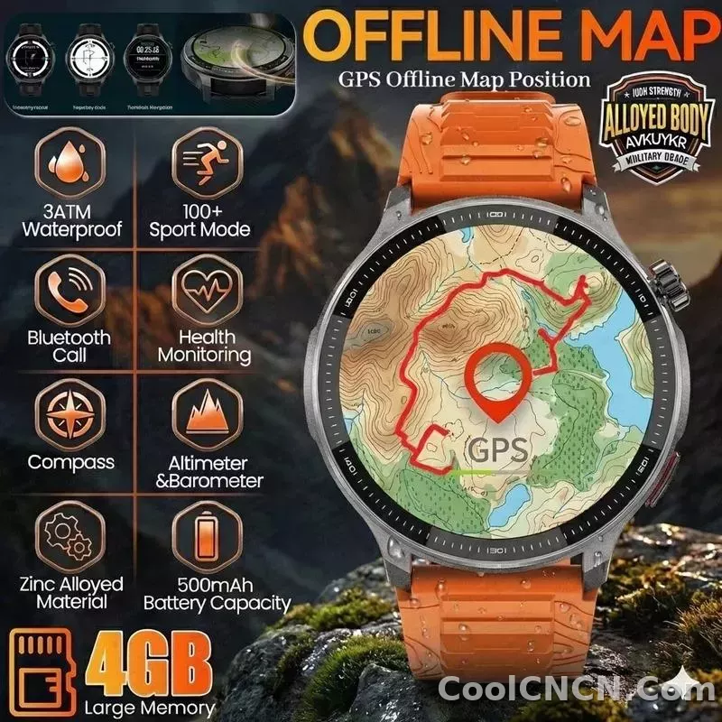 CoolWiz Smartwatch with built-in GPS, offline maps, 4GB memory, 3ATM water resistance, 500mAh battery, compass, call making, sports swimming band for outdoor activities and everyday use - detail
