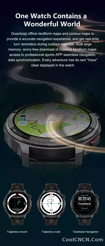 CoolWiz Smartwatch with built-in GPS, offline maps, 4GB memory, 3ATM water resistance, 500mAh battery, compass, call making, sports swimming band for outdoor activities and everyday use - detail