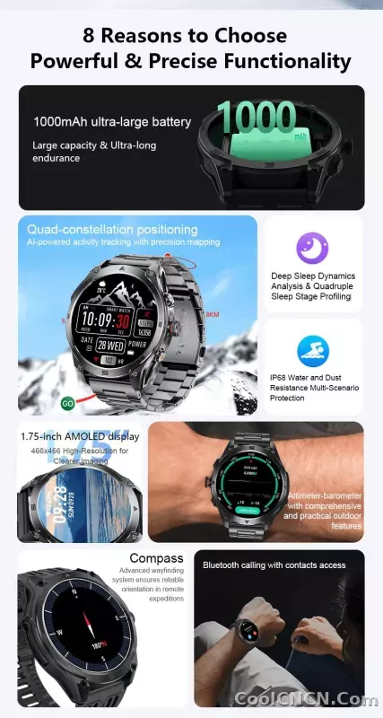 CoolWiz 025 Professional Sports Smart Watch, Military-Grade, Dual-Band GPS Positioning for Men, 10 ATM Water Resistance, 1000 mAh Battery, Compass Bracelet, Compatible with iOS—Ideal for Outdoor Sports and Everyday Use - detail