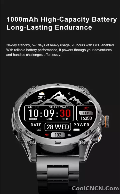 CoolWiz 025 Professional Sports Smart Watch, Military-Grade, Dual-Band GPS Positioning for Men, 10 ATM Water Resistance, 1000 mAh Battery, Compass Bracelet, Compatible with iOS—Ideal for Outdoor Sports and Everyday Use - detail
