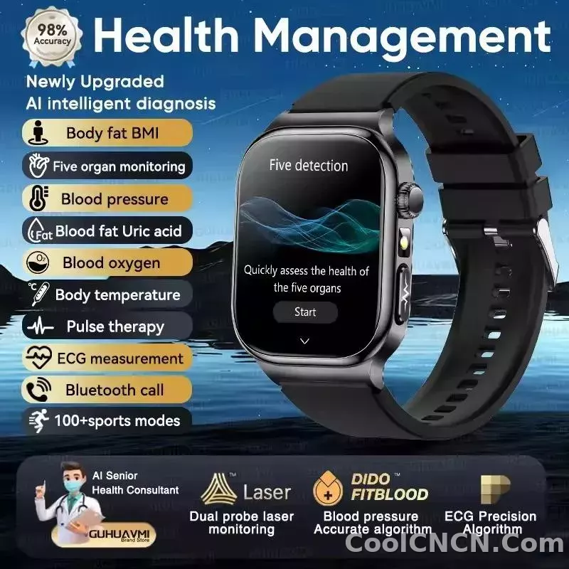 CoolWiz Health Blood Pressure ECG + PPG Monitor Smartwatch for Men — uric acid, blood fat, five organ monitoring, call capability, health tracker, compatible with iOS, suitable for outdoor sports and daily use - detail