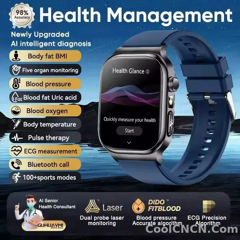 CoolWiz Health Blood Pressure ECG + PPG Monitor Smartwatch for Men — uric acid, blood fat, five organ monitoring, call capability, health tracker, compatible with iOS, suitable for outdoor sports and daily use - detail