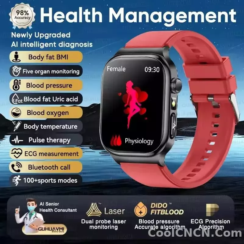 CoolWiz Health Blood Pressure ECG + PPG Monitor Smartwatch for Men — uric acid, blood fat, five organ monitoring, call capability, health tracker, compatible with iOS, suitable for outdoor sports and daily use - detail