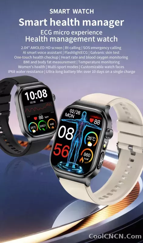 CoolWiz Health Blood Pressure ECG + PPG Monitor Smartwatch for Men — uric acid, blood fat, five organ monitoring, call capability, health tracker, compatible with iOS, suitable for outdoor sports and daily use - detail