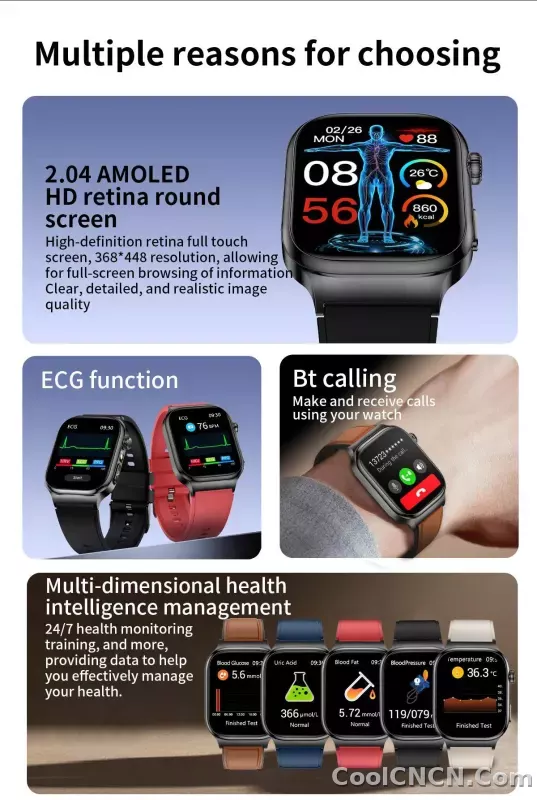 CoolWiz Health Blood Pressure ECG + PPG Monitor Smartwatch for Men — uric acid, blood fat, five organ monitoring, call capability, health tracker, compatible with iOS, suitable for outdoor sports and daily use - detail