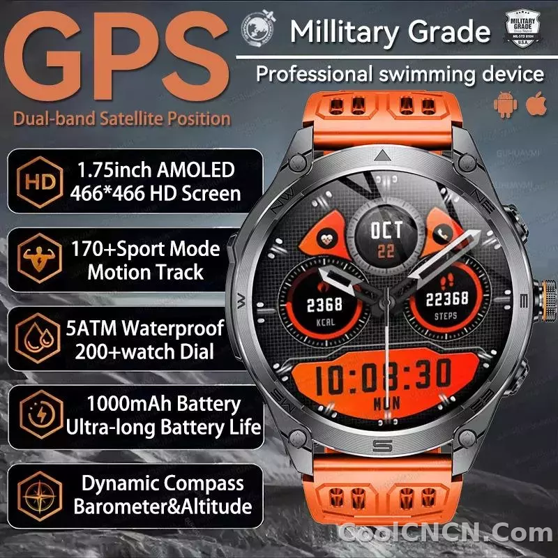 CoolWiz Smart Watch Military Grade with GPS for Men, 1000mAh Battery, 10 ATM Water Resistance, Compass, Blood Pressure Monitor, Call Function, Sports Smart Watch for Outdoor Activities and Everyday Use - detail