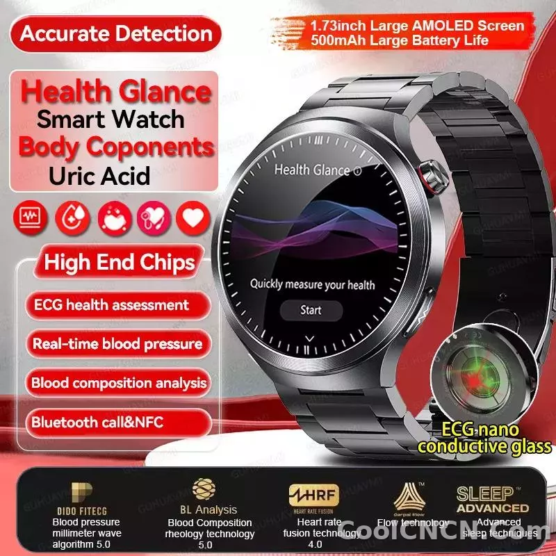 CoolWiz Smart Watch for Body Composition, Blood Pressure, NFC ECG + PPG, Body Temperature, Uric Acid, Lipids, Call Function; Waterproof Smart Watch for Men, suitable for outdoor sports and daily use