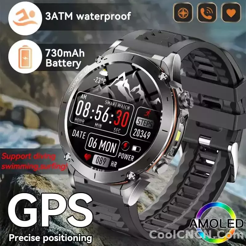 CoolWiz New Outdoor Military Smart Watch for Men with GPS, 3 ATM water resistance, AMOLED sports mode, 730 mAh battery, compass; fitness smartwatch for daily outdoor sports use