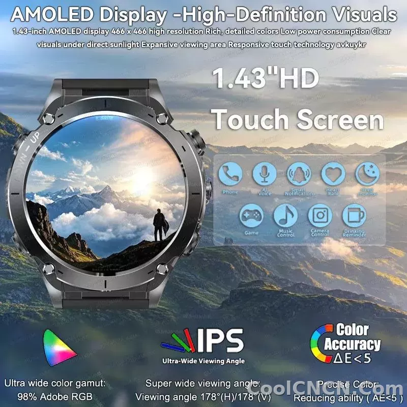 CoolWiz New Outdoor Military Smart Watch for Men with GPS, 3 ATM water resistance, AMOLED sports mode, 730 mAh battery, compass; fitness smartwatch for daily outdoor sports use - detail