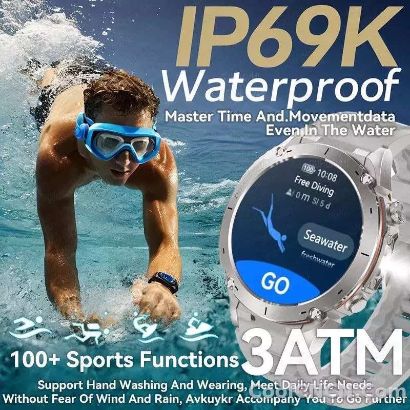 CoolWiz New Outdoor Military Smart Watch for Men with GPS, 3 ATM water resistance, AMOLED sports mode, 730 mAh battery, compass; fitness smartwatch for daily outdoor sports use - detail