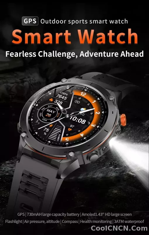 CoolWiz New Outdoor Military Smart Watch for Men with GPS, 3 ATM water resistance, AMOLED sports mode, 730 mAh battery, compass; fitness smartwatch for daily outdoor sports use - detail
