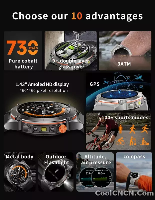 CoolWiz New Outdoor Military Smart Watch for Men with GPS, 3 ATM water resistance, AMOLED sports mode, 730 mAh battery, compass; fitness smartwatch for daily outdoor sports use - detail