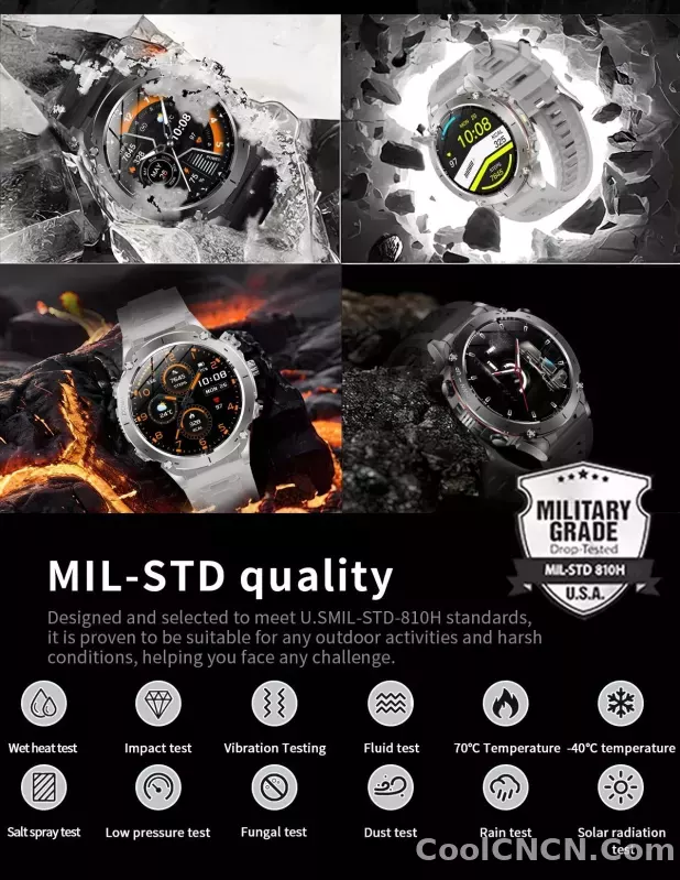 CoolWiz New Outdoor Military Smart Watch for Men with GPS, 3 ATM water resistance, AMOLED sports mode, 730 mAh battery, compass; fitness smartwatch for daily outdoor sports use - detail