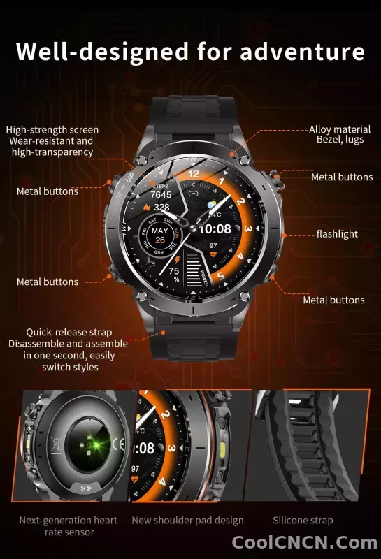 CoolWiz New Outdoor Military Smart Watch for Men with GPS, 3 ATM water resistance, AMOLED sports mode, 730 mAh battery, compass; fitness smartwatch for daily outdoor sports use - detail