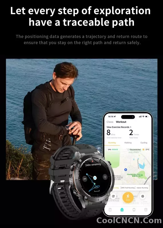 CoolWiz New Outdoor Military Smart Watch for Men with GPS, 3 ATM water resistance, AMOLED sports mode, 730 mAh battery, compass; fitness smartwatch for daily outdoor sports use - detail