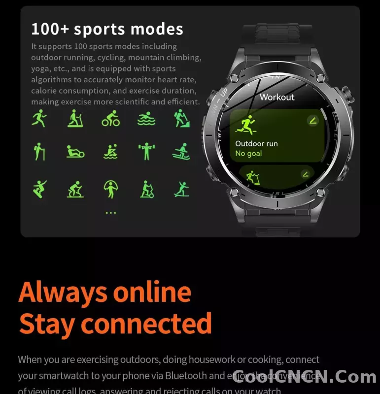 CoolWiz New Outdoor Military Smart Watch for Men with GPS, 3 ATM water resistance, AMOLED sports mode, 730 mAh battery, compass; fitness smartwatch for daily outdoor sports use - detail