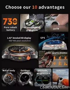 CoolWiz New Outdoor Military Smart Watch for Men with GPS, 3 ATM water resistance, AMOLED sports mode, 730 mAh battery, compass; fitness smartwatch for daily outdoor sports use - view 12