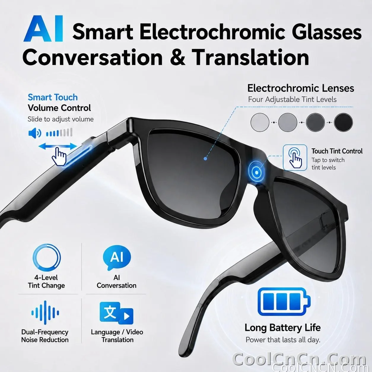 CoolWiz Smart Glasses, 4 Levels Electrochromic — New Business Style for Men, 164+ Translation Languages via ChatGPT, Black Sunglasses, Waterproof, suitable for outdoor sports and everyday use - detail