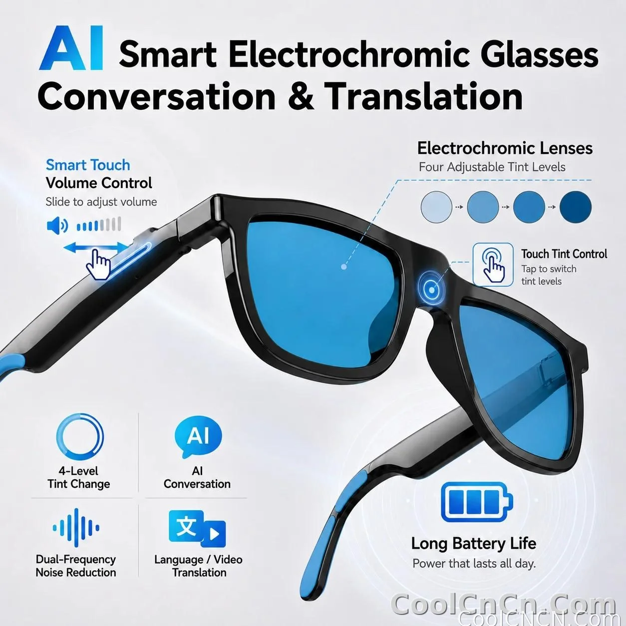 CoolWiz Smart Glasses, 4 Levels Electrochromic — New Business Style for Men, 164+ Translation Languages via ChatGPT, Black Sunglasses, Waterproof, suitable for outdoor sports and everyday use - detail