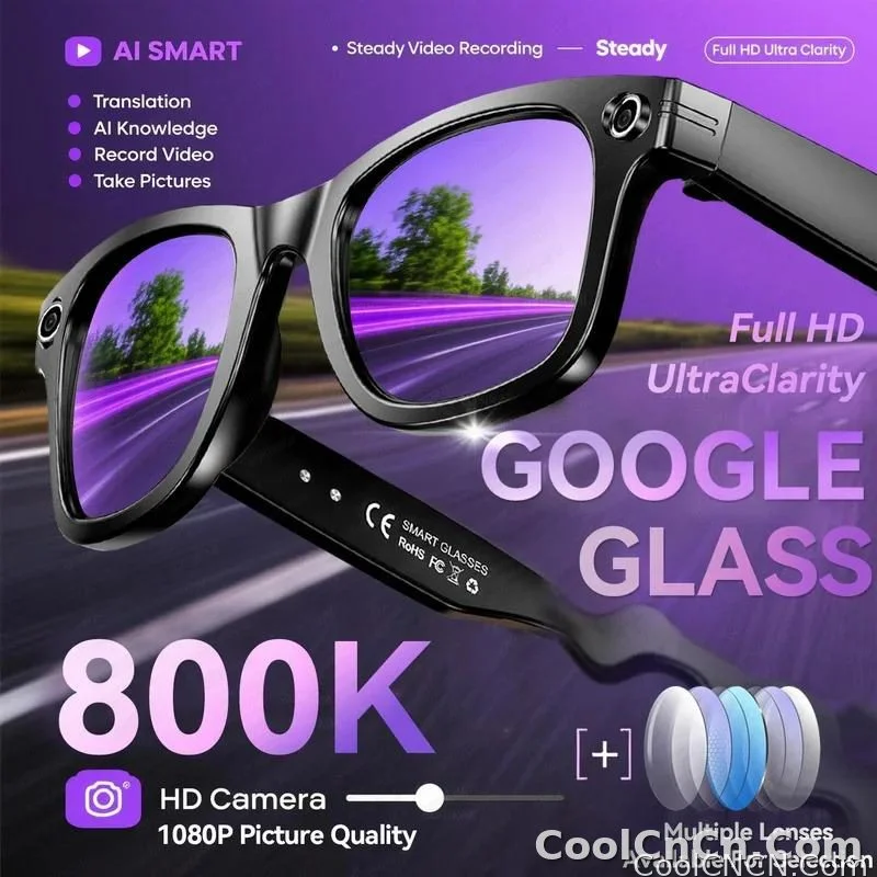 CoolWiz smart glasses with a 1080P video camera, black sunglasses, Bluetooth call translation, music playback, recording, men’s photochromic glasses for outdoor sports and everyday use