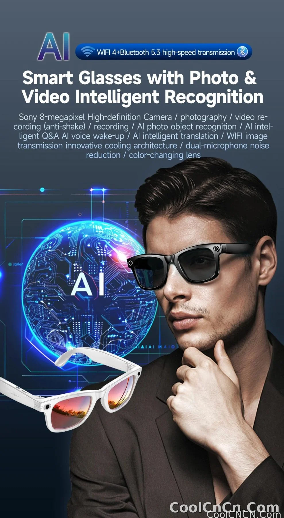 CoolWiz smart glasses with a 1080P video camera, black sunglasses, Bluetooth call translation, music playback, recording, men’s photochromic glasses for outdoor sports and everyday use - detail