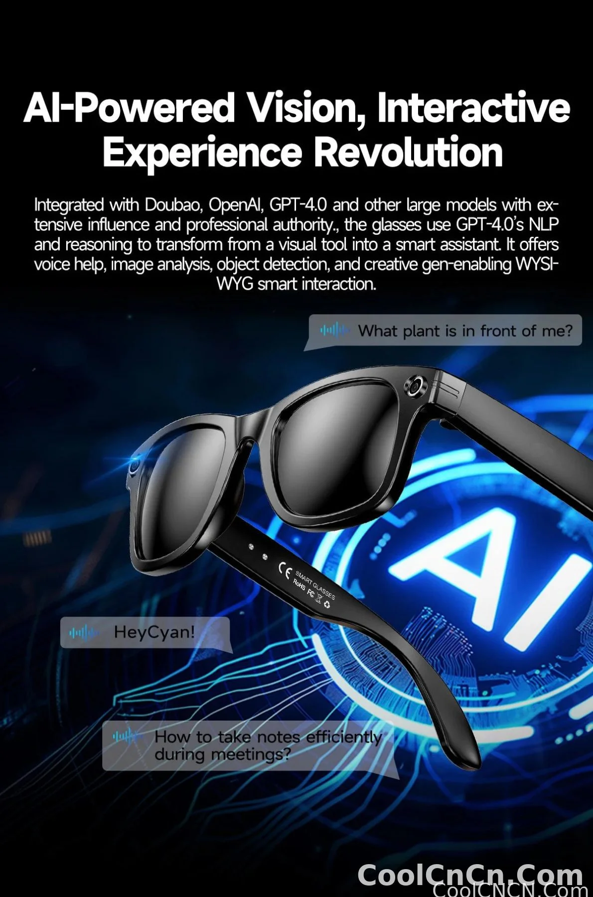 CoolWiz smart glasses with a 1080P video camera, black sunglasses, Bluetooth call translation, music playback, recording, men’s photochromic glasses for outdoor sports and everyday use - detail