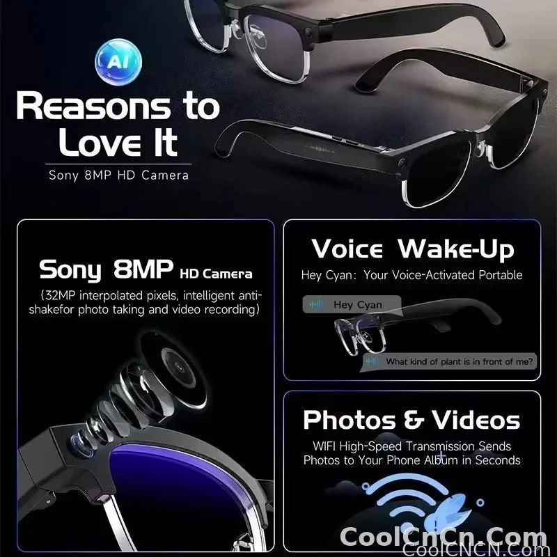 CoolWiz New AI Smart Glasses — 120+ Language Translations, 8MP Camera, 8K Resolution, Video & Music Playback, Business Calls, Color‑Changing Lenses, for Men, suitable for outdoor sports and everyday use - detail