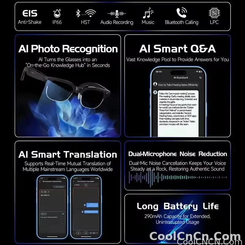CoolWiz New AI Smart Glasses — 120+ Language Translations, 8MP Camera, 8K Resolution, Video & Music Playback, Business Calls, Color‑Changing Lenses, for Men, suitable for outdoor sports and everyday use - detail