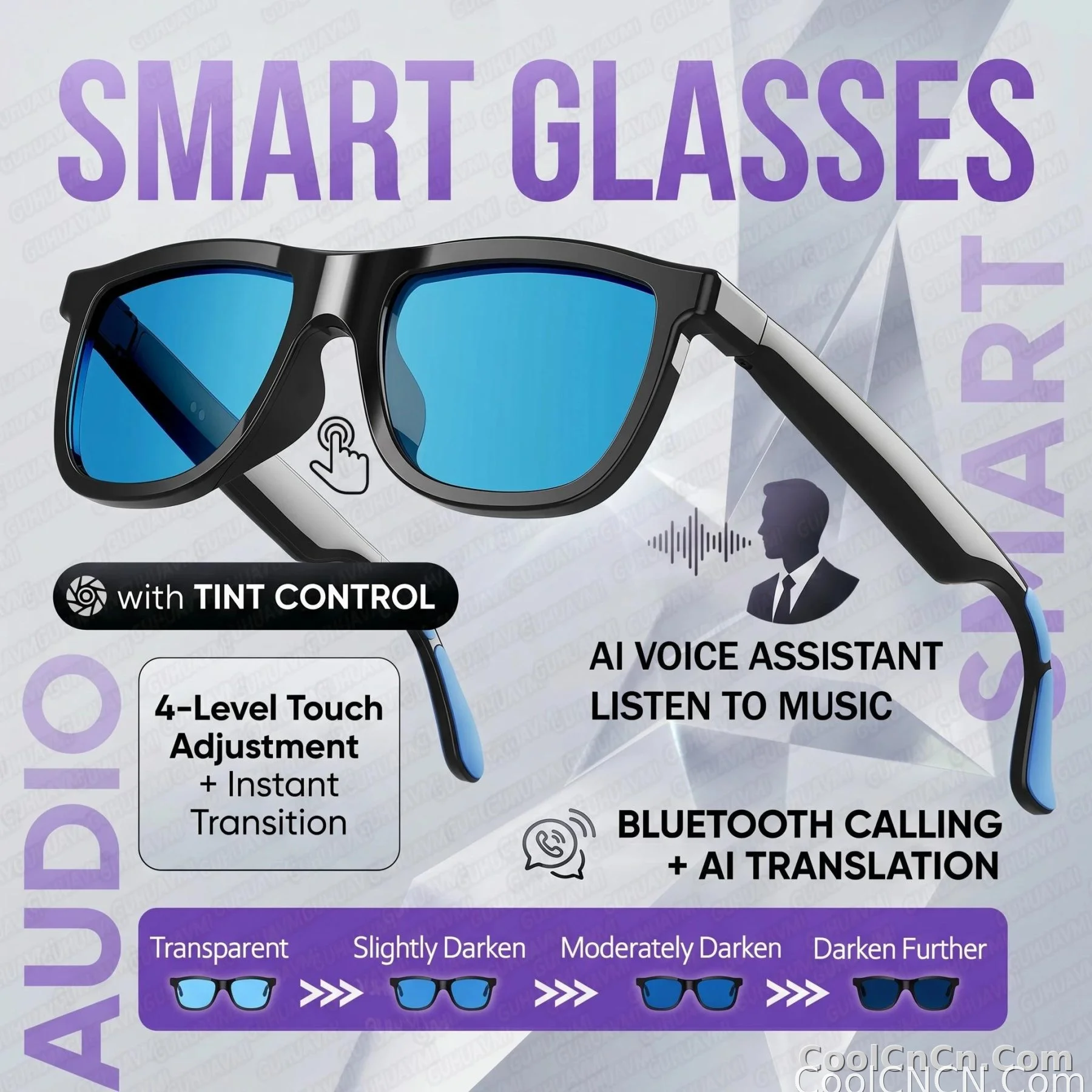 CoolWiz Smart Glasses with Audio, Electrochromic Lenses, Touch Controls, 4 New Speed Levels, 164+ Language Translations, Bluetooth Calling, Blackout Sunglasses, Music, ChatGPT — for outdoor sports and everyday use - detail